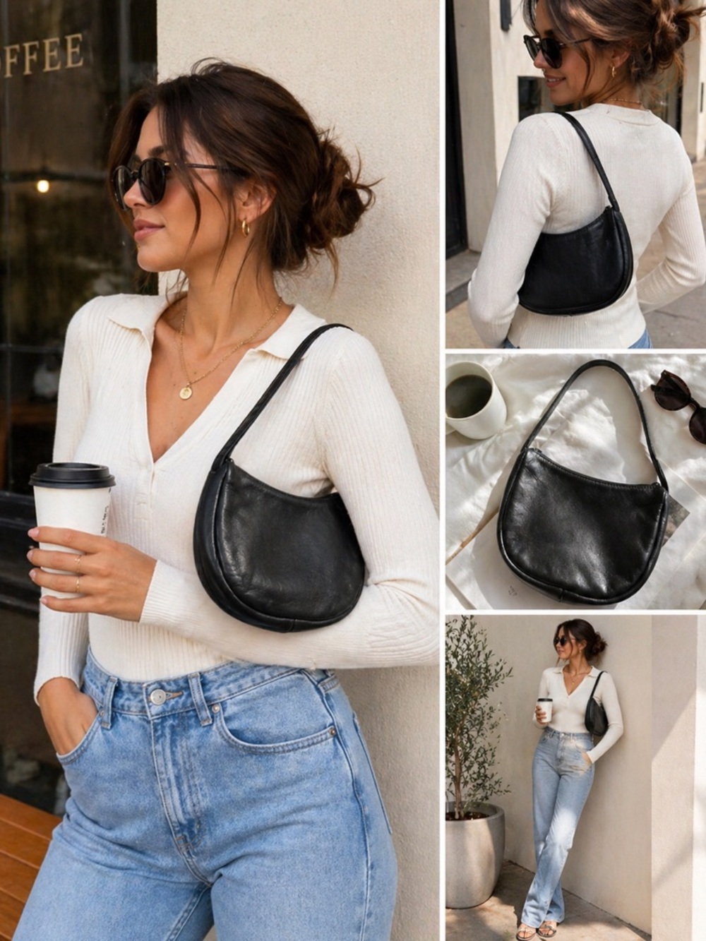 Vintage Sonoma Black Leather Shoulder Bag | 90s Minimalist Crescent Purse |